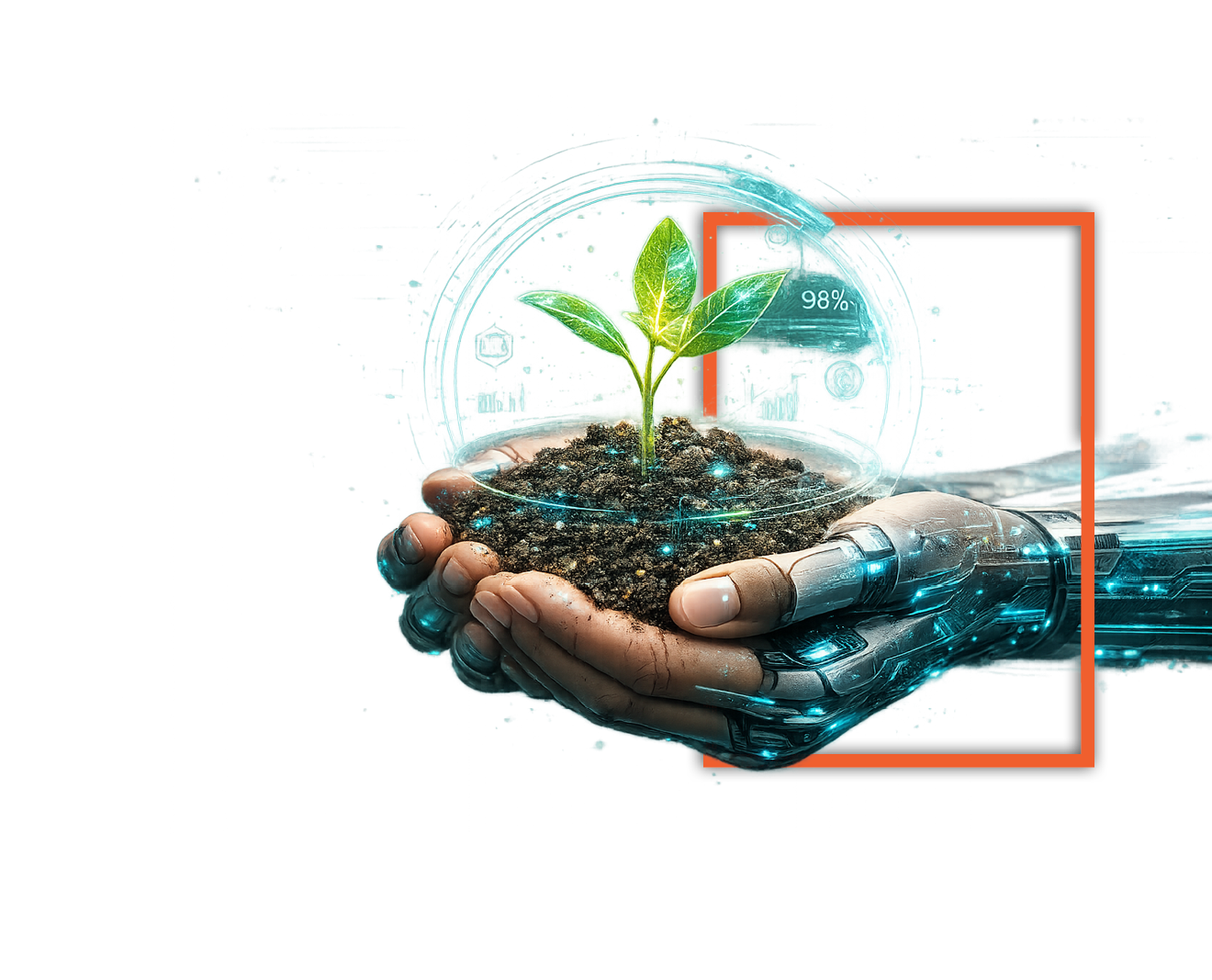 Robotic hands holding a seedling